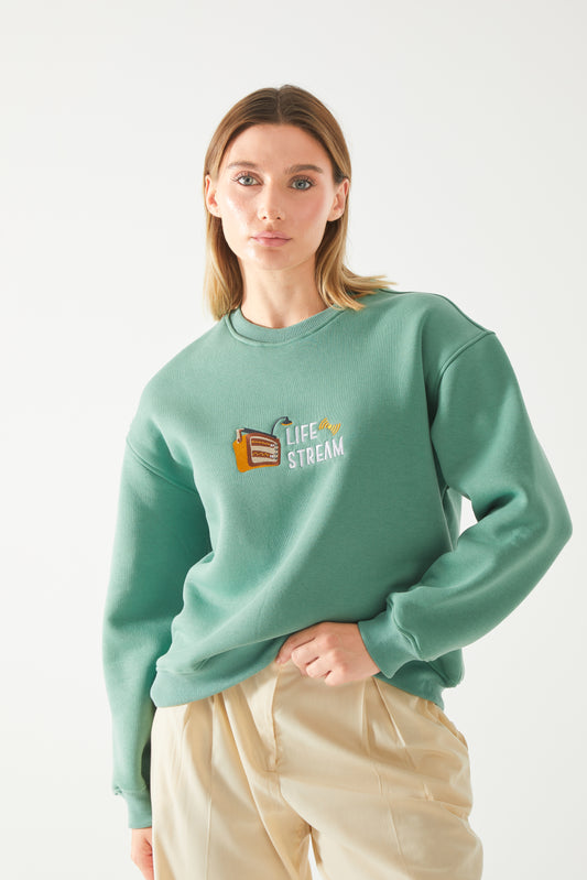 'LIFE STREAM' Nakışlı Oversize Sweatshirt