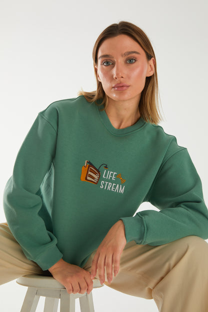 'LIFE STREAM' Nakışlı Oversize Sweatshirt