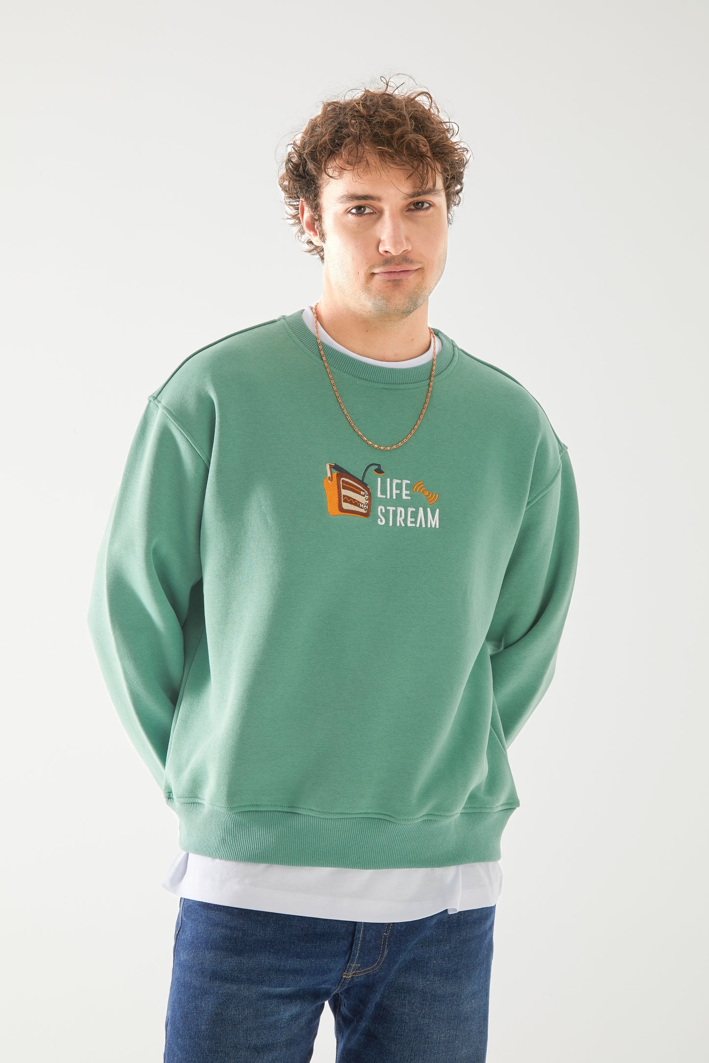 'LIFE STREAM' Nakışlı Oversize Sweatshirt
