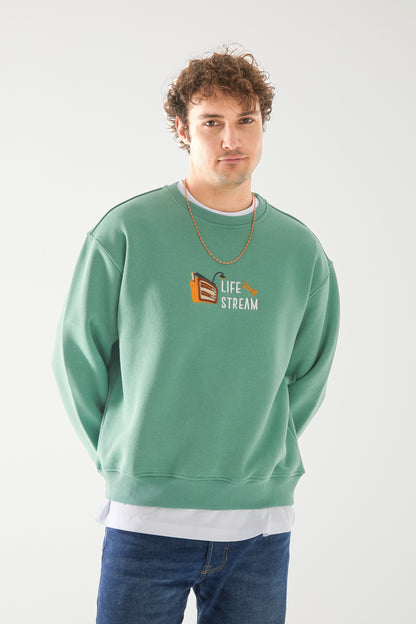 'LIFE STREAM' Nakışlı Oversize Sweatshirt
