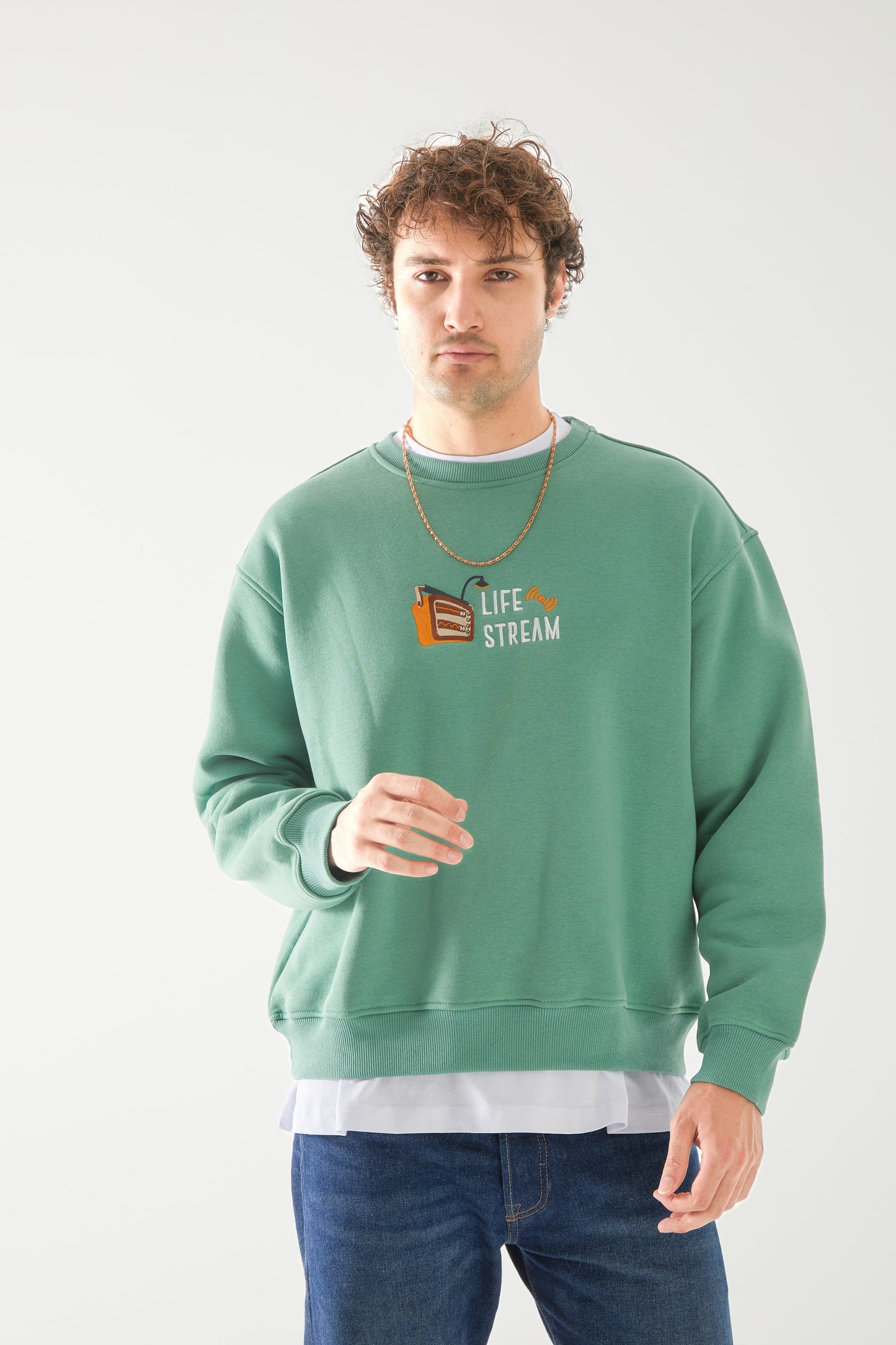 'LIFE STREAM' Nakışlı Oversize Sweatshirt