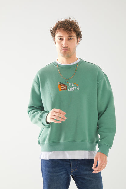 'LIFE STREAM' Nakışlı Oversize Sweatshirt